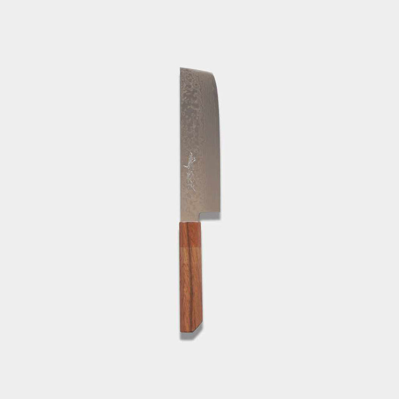 【菜切包丁】160mm 高炭素ステンレス鋼割込 磨きダマスカス 樫八角柄-柿渋仕上- | 堺刃物 | 山脇刃物製作所