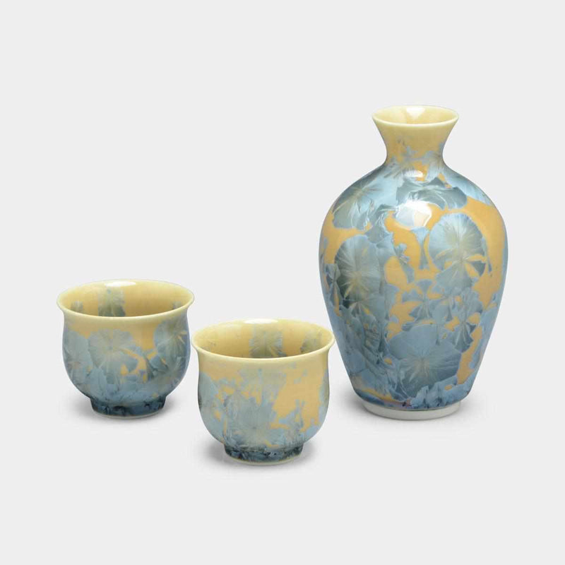 【酒器3点セット】花結晶 (灰青) 徳利&ぐい吞 | 京焼-清水焼 | 陶葊