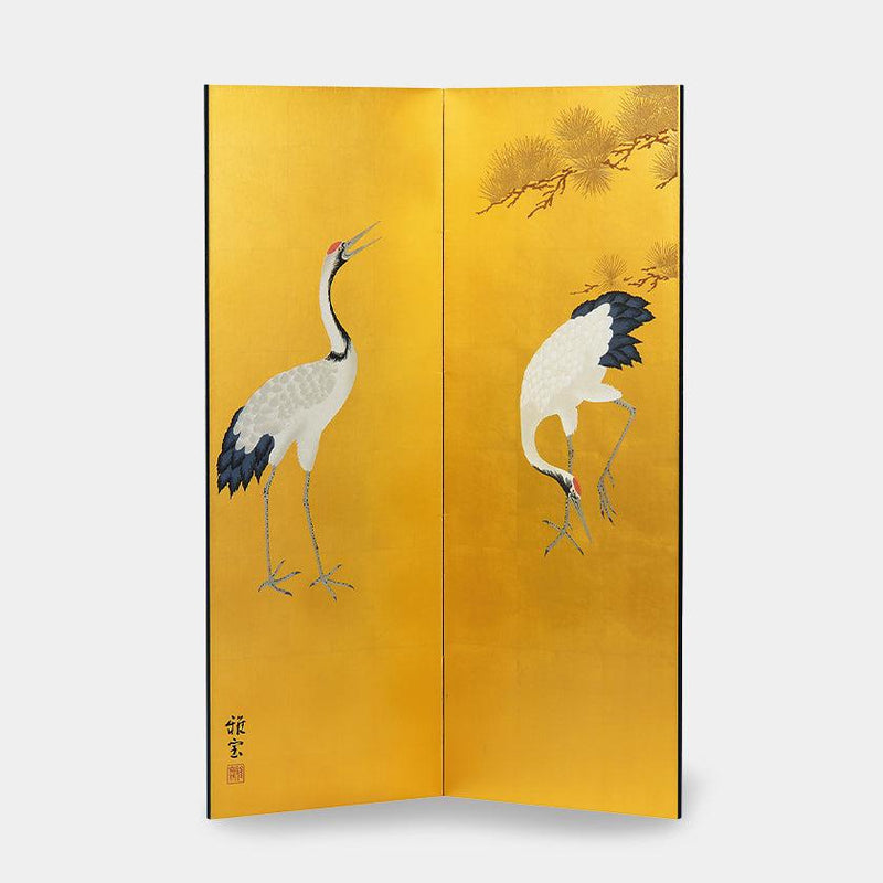 【屏風】四尺二曲 真鍮箔 (金) 金彩大鶴 | 木工 (大型配送料2,500円)