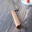 【牛刀】210mm 高炭素ステンレス鋼割込 磨きダマスカス 樫八角柄-柿渋仕上- | 堺刃物 | 山脇刃物製作所