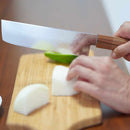 【菜切包丁】160mm 高炭素ステンレス鋼割込 磨きダマスカス 樫八角柄-柿渋仕上- | 堺刃物 | 山脇刃物製作所