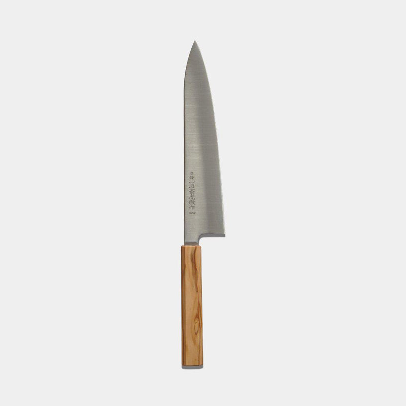 【牛刀】INOX スウェーデン鋼 (両刃) オリーブウッド八角柄 240mm｜BECOSオリジナル | 堺打刃物｜一刀斎虎徹
