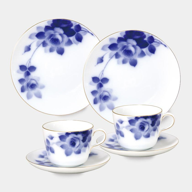 【磁器】大倉陶園 ブルーローズ カフェスペシャルペアセット（モーニングカップ＆ソーサー、デザート皿各2セット）